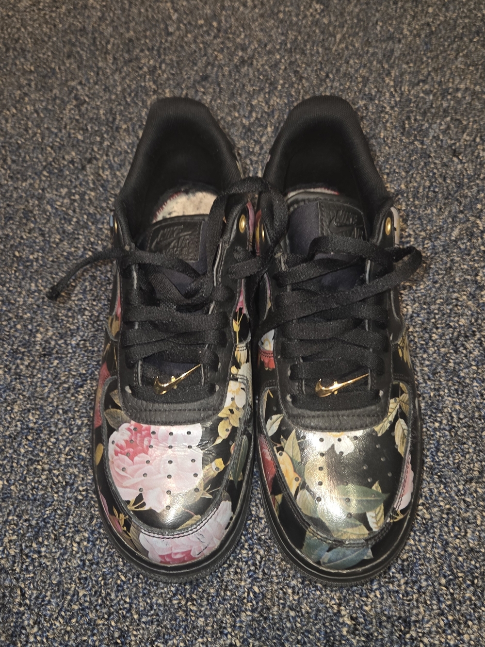 Nike Womens Black Floral Sneakers with Gold Swoosh